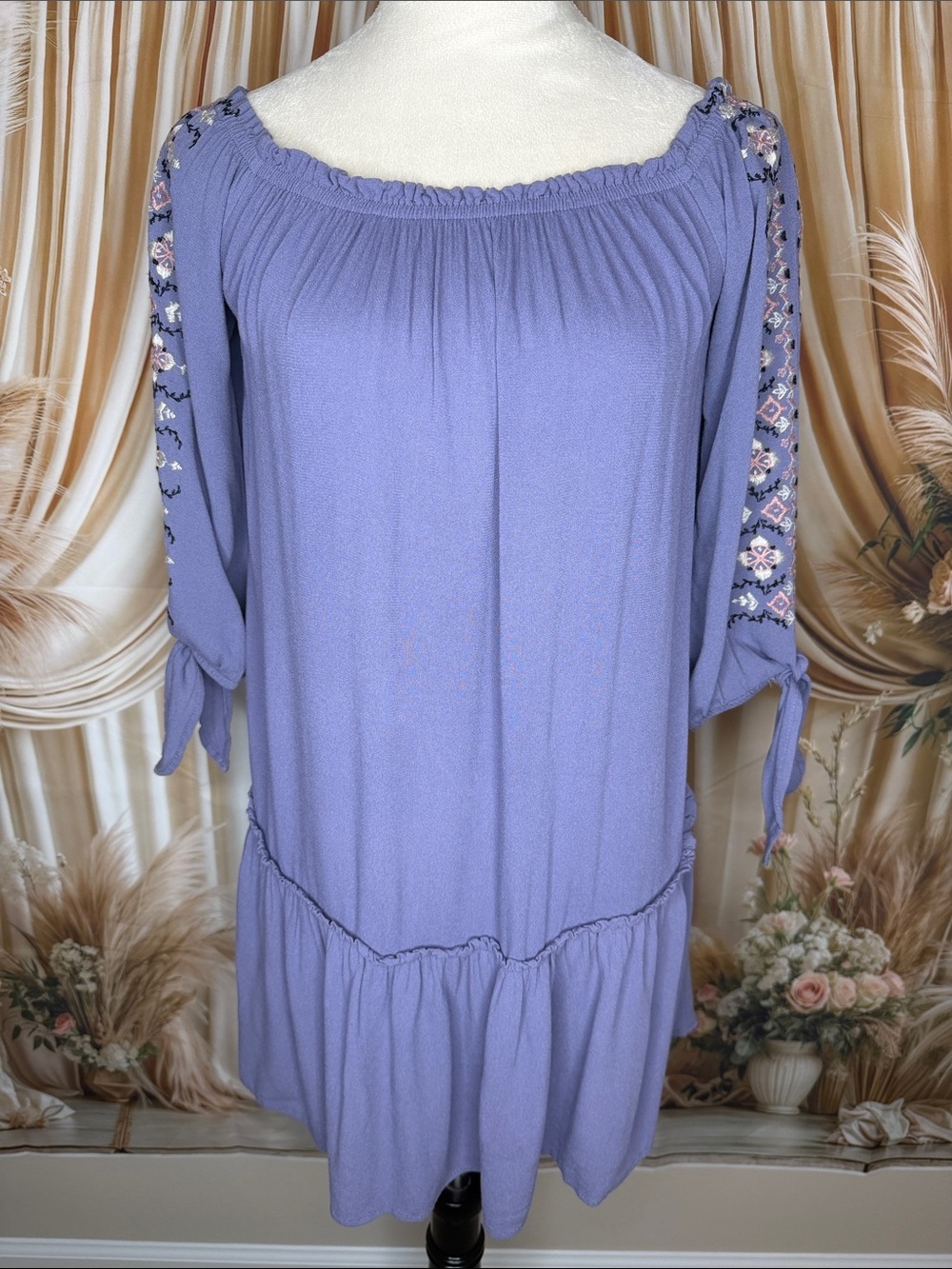 Xhilaration Lavender Off-Shoulder Embroidered Sleeve Mini Dress